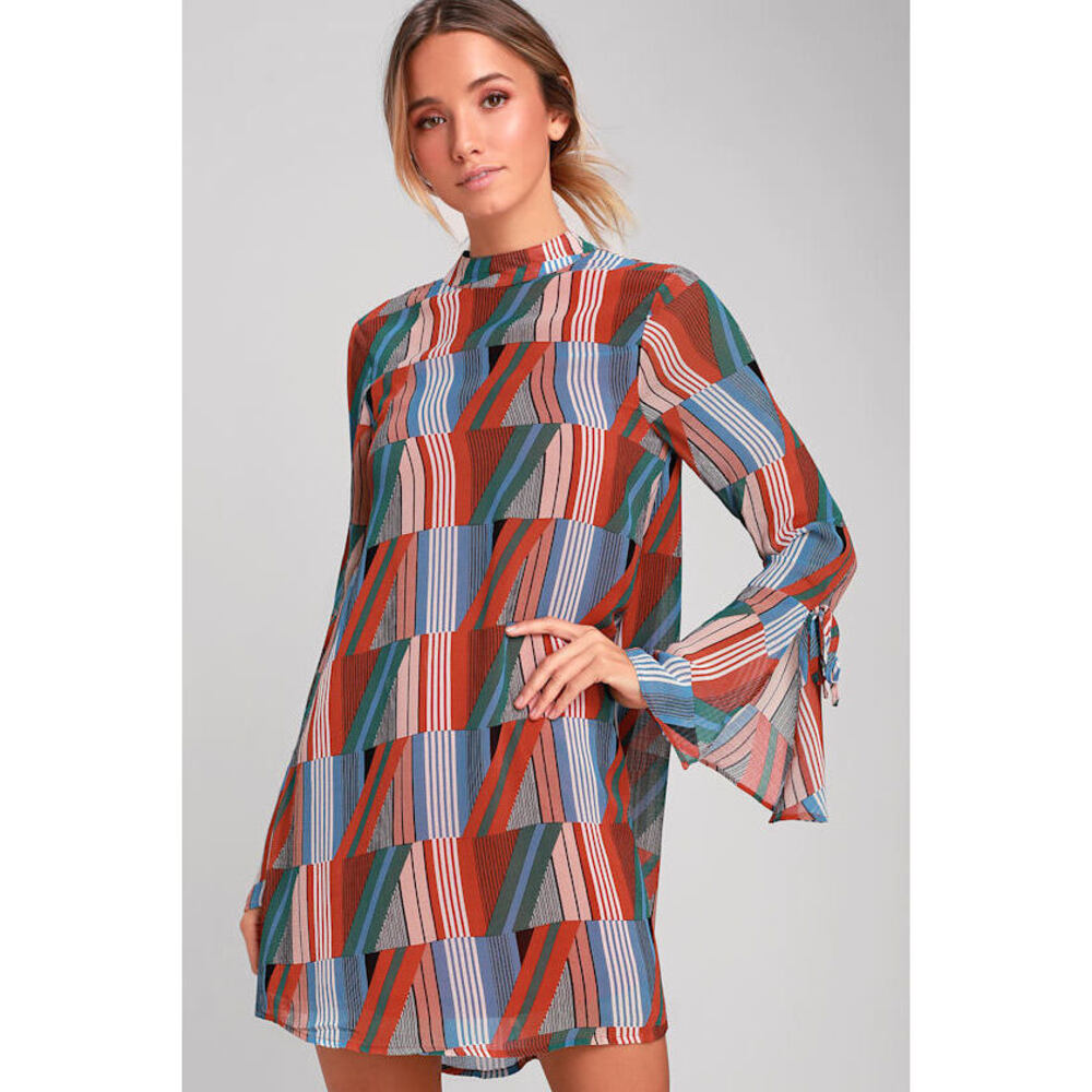 Lulus Meet You There Rust Orange Print Flounce Sleeve Swing Dress - Size XS